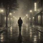 Figura solitaria in una strada notturna nebbiosa anni ’60, simbolo di isolamento e silenzio interiore in The Sound of Silence.