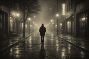 Figura solitaria in una strada notturna nebbiosa anni ’60, simbolo di isolamento e silenzio interiore in The Sound of Silence.